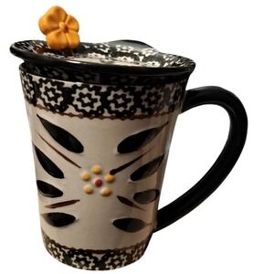 Temptations Old World 14 OZ Hand Painted Tara Mug With Lid Spoon Yellow Flower